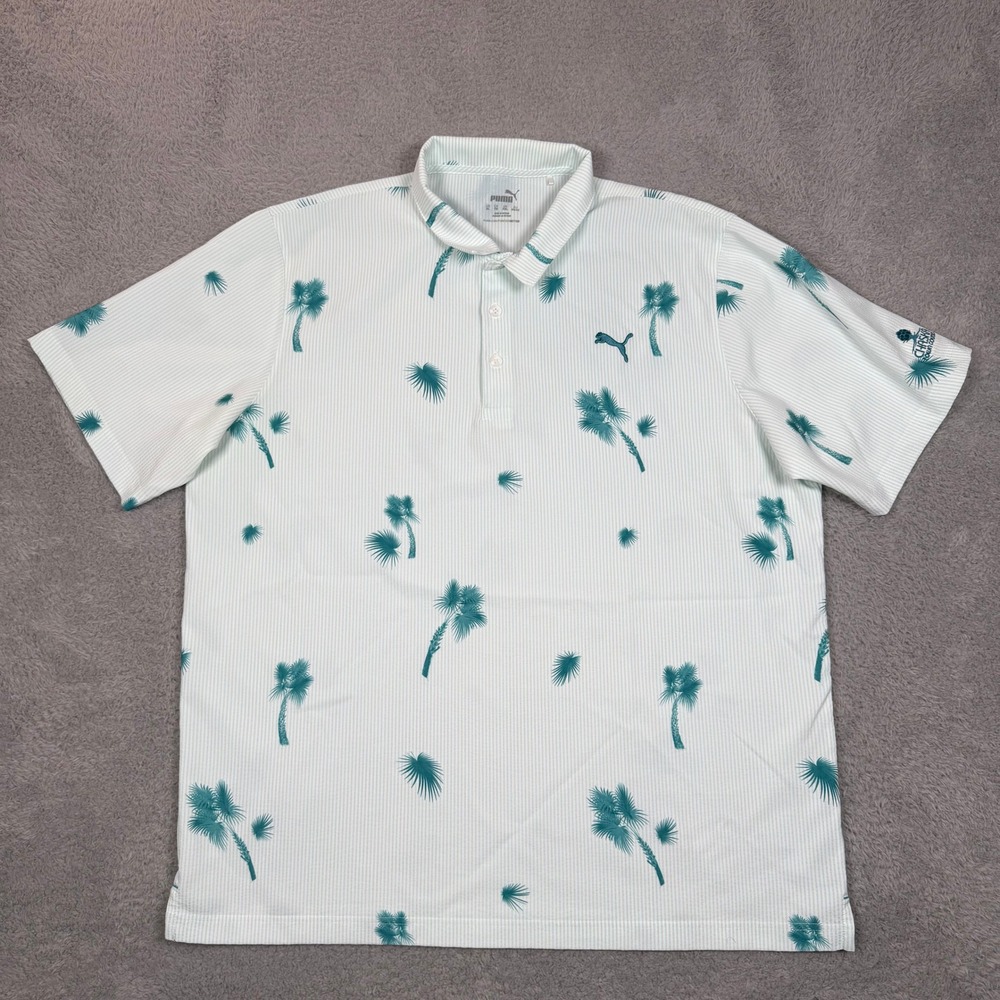 Puma Golf Mens XL Polo Shirt White Green Striped Palm Tree‎ Chaska Town Course